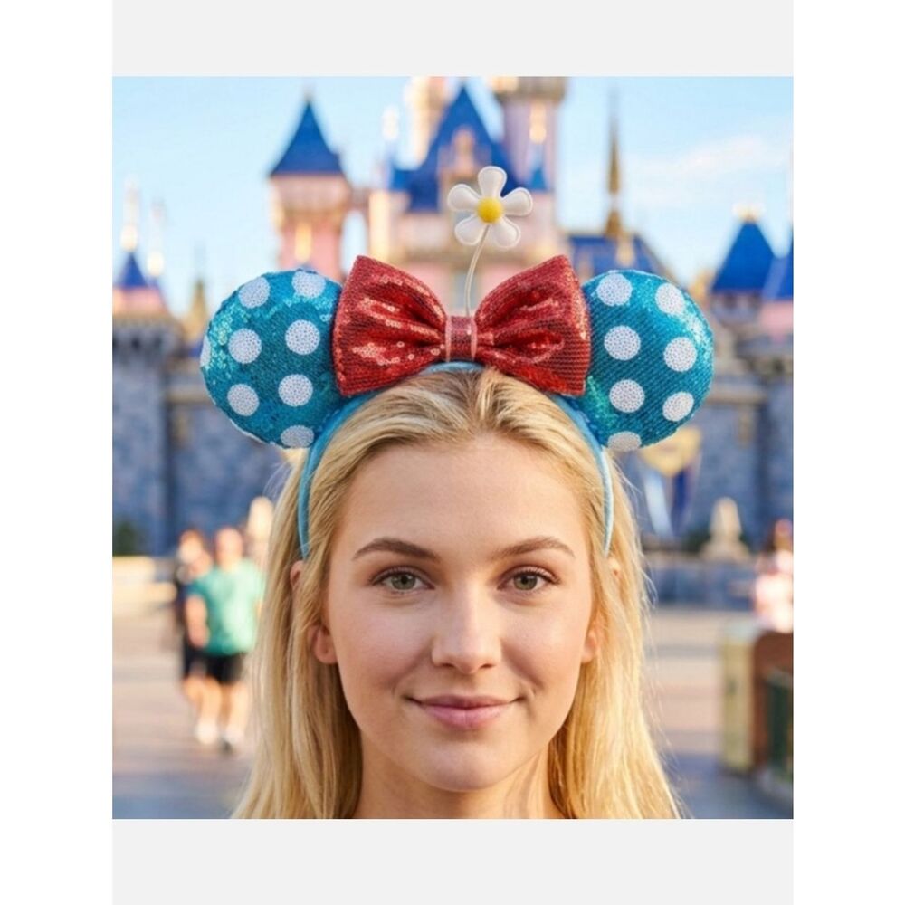 Disney Minnie Mouse Sequin Polka Dot Ears Headband Pink Bow Retired Collectible
